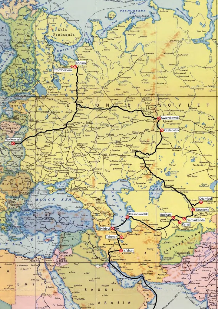 Mapa trasy z wydania książki: z Wołkowyska przez obwód archangielski, Ural, Kazachstan i Uzbekistan do Iranu.