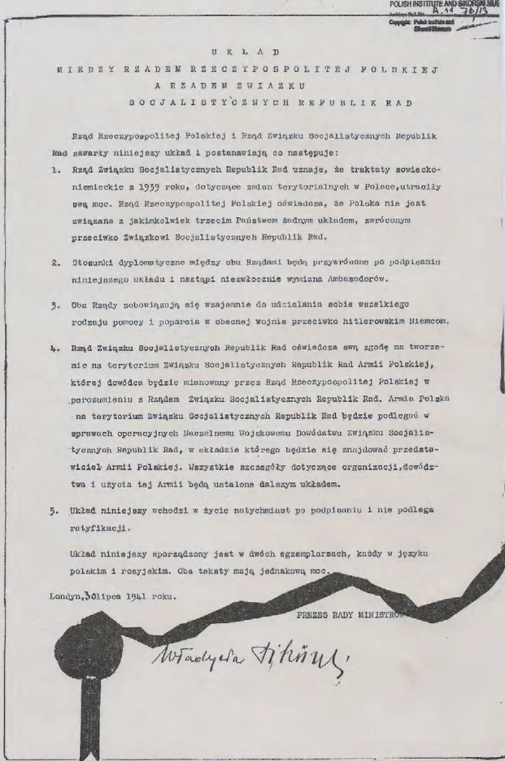 Układ między Rządem Rzeczypospolitej Polskiej a Rządem ZSRR, Londyn, 30 lipca 1941 r.