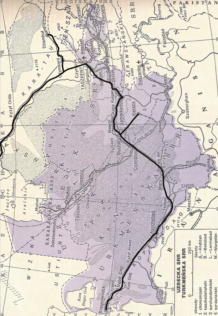 Trasa naszej podróży przez Kazachstan, Uzbekistan i Turkmenistan naniesiona na mapę. Mapa zaczerpnięta z Encyklopedii Powszechnej PWN, Warszawa 1976 r.