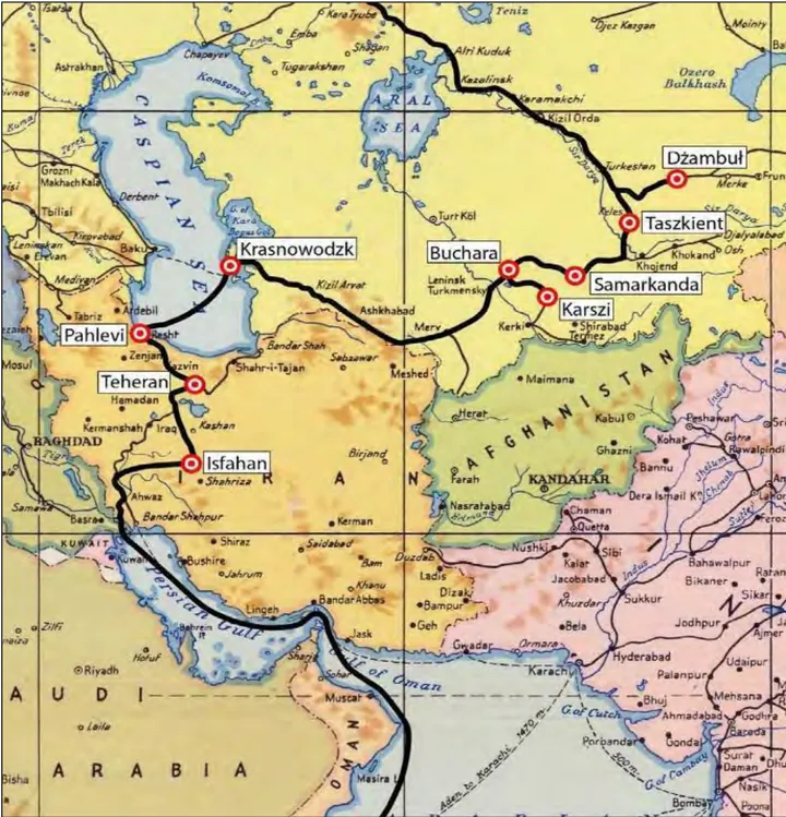 Czarną linią zaznaczono trasę naszej podróży przez Kazachstan, Uzbekistan, Turkmenię i Iran